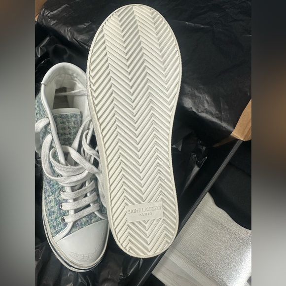 BNIB - Saint Laurent Bedford Tweed & Leather Turquoise Mid Top Sneakers - Size 7 - Picture 9 of 12